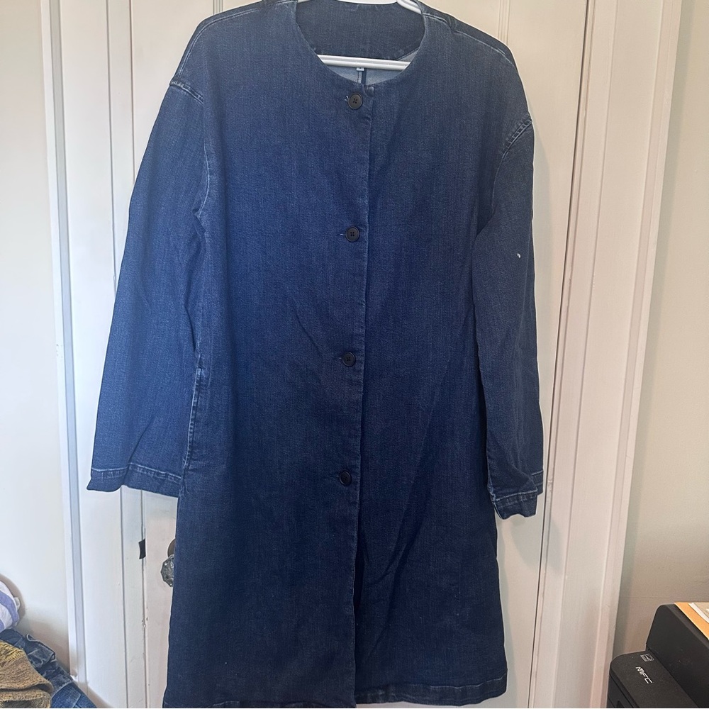 Muji Dark Blue Denim Collarless Trench Coat, Oversized, Lagenlook